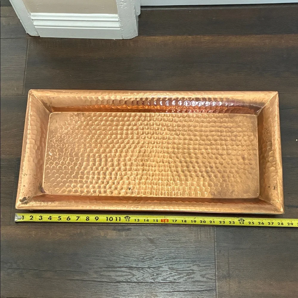 VINTAGE HAND CRAFTED ARTSAN  TRAY PLATTER SIGNED Hammered Copper Decor 28” x 14”